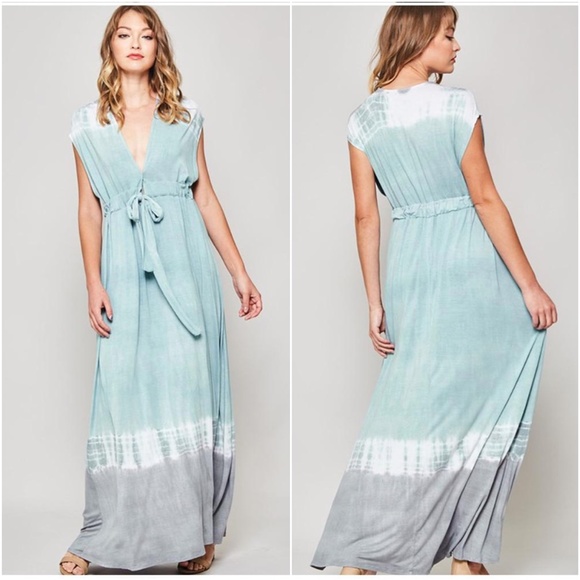 #53 Boho Tie Dye Teal V neck Sleeveless Maxi Dress - Picture 2 of 3
